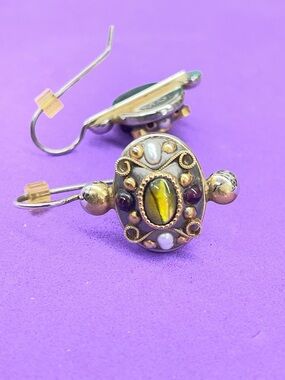 Gold-Tone Earrings with Green Iridescent Cabochon